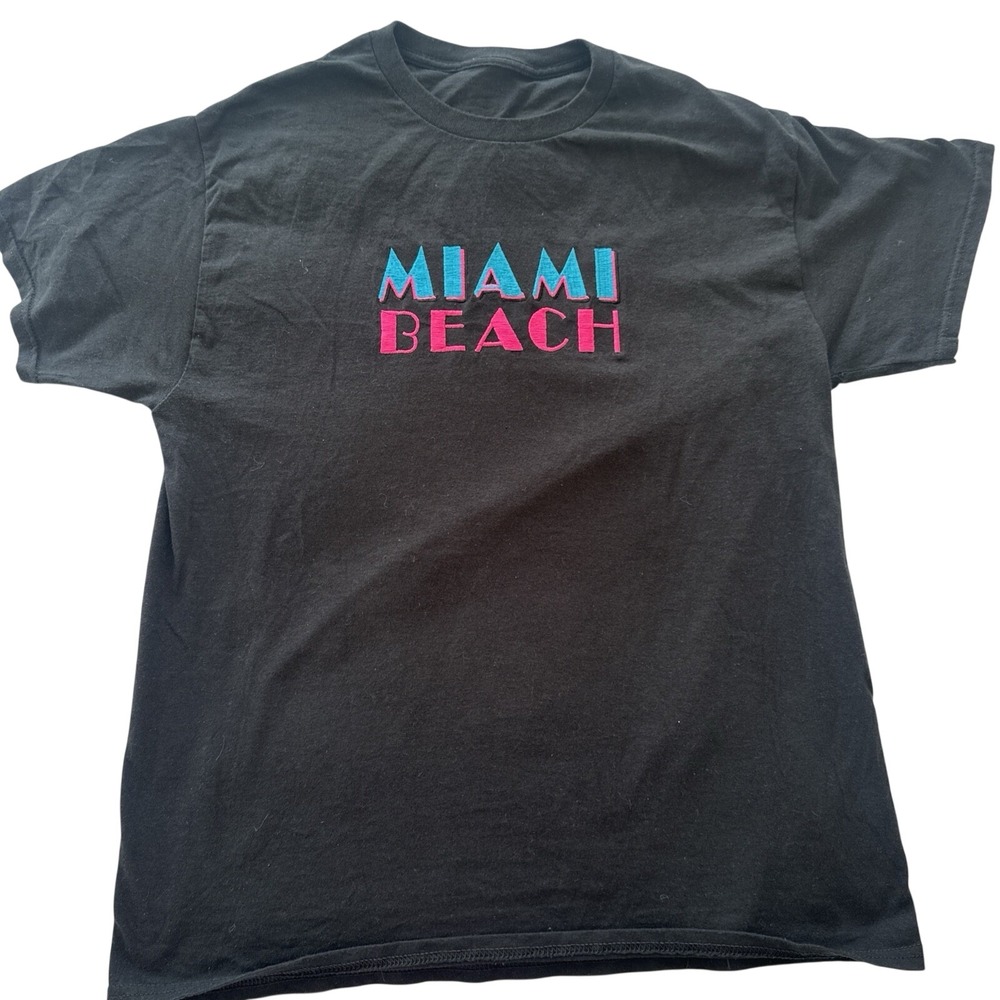 Miami Beach Graphic Tee Men's Large Black Retro 90s Beach Tropical Streetwear‎